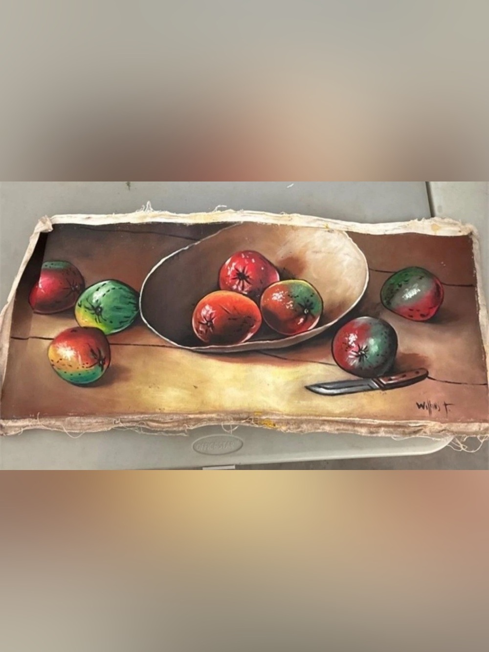 Vintage Still Life Oil Painting Fruit Bowl Rustic Canvas Signed Wilkins T Unfram
